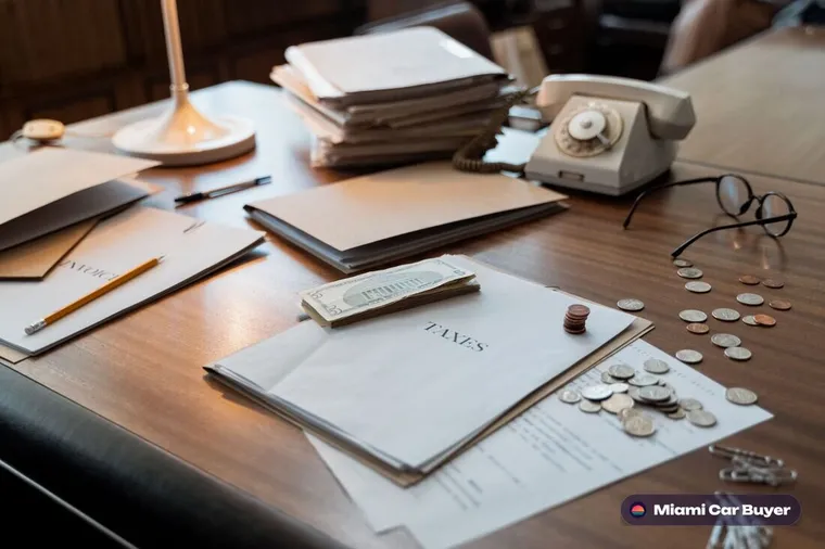 Scattered vehicle paperwork and car keys on a table, representing a missing car title situation