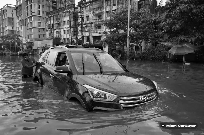 Flood-damaged car sitting in Miami street water after a hurricane - it sells here for cash
